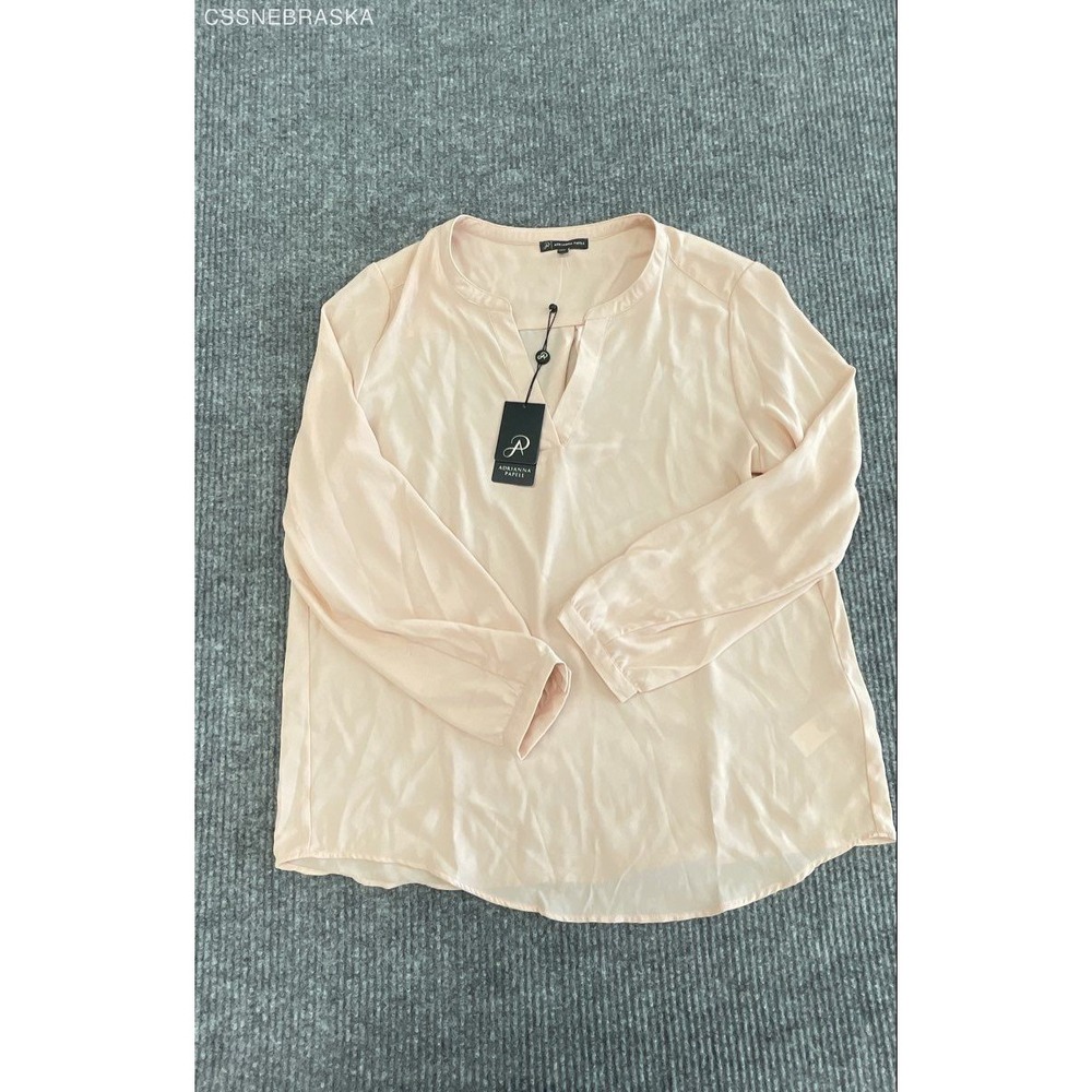 Adrianna Papell Women's Pale Blush Pink Split Neck Long Sleeve Blouse NWT‎ Sz L